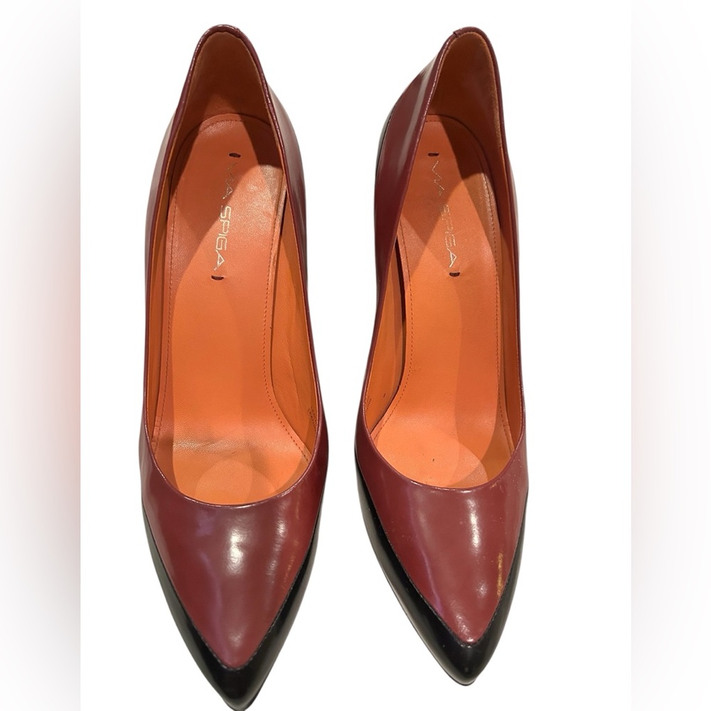 Via Spiga Burgundy and Black Patent Leather Pointed-Toe Pumps - Picture 2 of 4